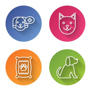 Veterinerlik kliniği sembolü Cat, köpek ve köpek için yiyecek çantası. Renkli daire düğmesi. Vektör