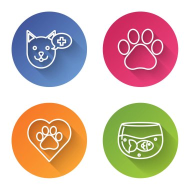 Veterinerlik kliniği sembolü, Paw baskısı, hayvan ayak izli kalp ve balıklı akvaryum. Renkli daire düğmesi. Vektör