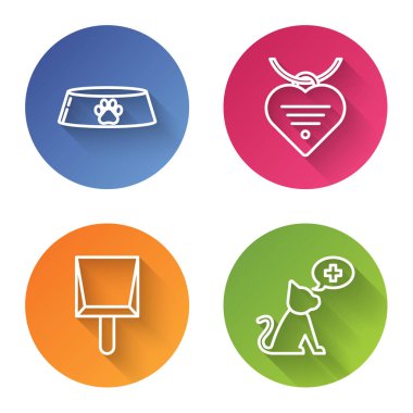 Kedi ya da köpek için evcil hayvan kasesi, isim etiketi ve kalbi olan tasma, faraş ve veteriner kliniği sembolü. Renkli daire düğmesi. Vektör