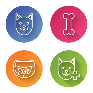 Kedi, köpek kemiği, balık ve veteriner kliniği sembollü akvaryum. Renkli daire düğmesi. Vektör