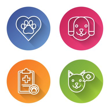 Hayvanların ayak izi, köpek, tıbbi kayıt evcil hayvanı ve veterinerlik kliniği sembollü pano. Renkli daire düğmesi. Vektör