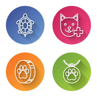 Kaplumbağa, veterinerlik kliniği sembolü, isim etiketli Paw baskısı ve Collar. Renkli daire düğmesi. Vektör