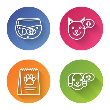 Balık akvaryumu, veteriner kliniği sembolü, köpek maması ve veteriner kliniği sembolü. Renkli daire düğmesi. Vektör