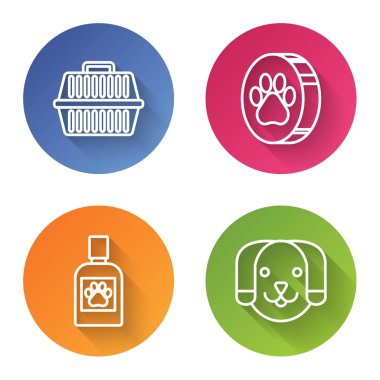 Hayvan taşıma çantası, pençe izi, köpek ilacı şişesi ve köpek. Renkli daire düğmesi. Vektör