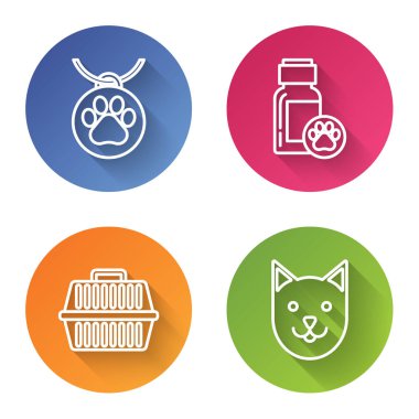 Yaka kartlı tasma, köpek ilacı şişesi, evcil hayvan çantası ve kedi. Renkli daire düğmesi. Vektör