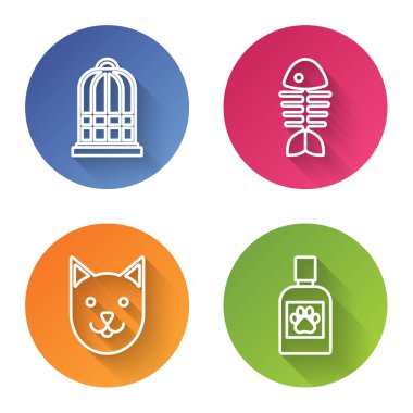 Kuşlar için kafes, balık iskeleti, kedi ve köpek ilacı şişesi. Renkli daire düğmesi. Vektör