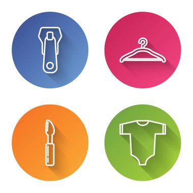Fermuar, elbise askısı, kesme aleti ve bebek kıyafetleri. Renkli daire düğmesi. Vektör