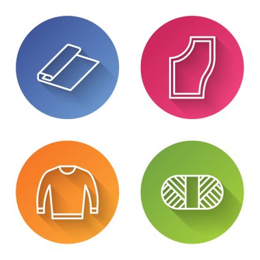 Tekstil kumaş rulosu, dikiş deseni, süveter ve dikiş ipliğini makaraya yerleştir. Renkli daire düğmesi. Vektör