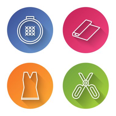 Yuvarlak, ayarlanabilir nakış halkası, tekstil kumaş rulo, kadın elbisesi ve makas. Renkli daire düğmesi. Vektör