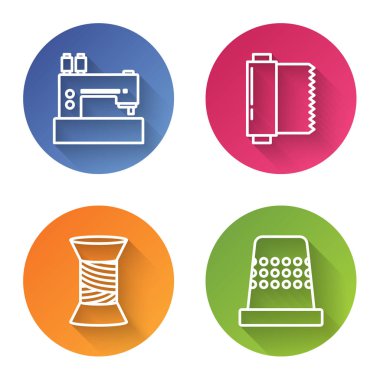 Çizgi dikiş makinesi, tekstil kumaş rulosu, dikiş için dikiş ipliği ve yüksük. Renkli daire düğmesi. Vektör