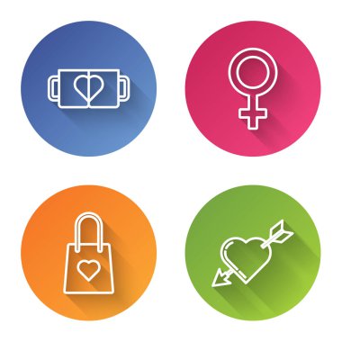 İki sıra kahve fincanı ve kalp, kadın cinsiyet sembolü, içinde kalp ve ok olan alışveriş torbası ve Amour sembolü. Renkli daire düğmesi. Vektör