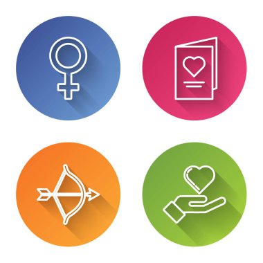 Hattı belirle cinsiyet sembolü, Sevgililer Günü partisi broşürü, elinde kalp, ok, yay ve kalp. Renkli daire düğmesi. Vektör