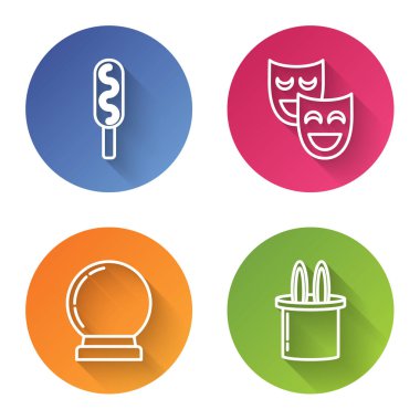 Çizgili mısırlı sosis, komedi teatral maskeler, sihirli top ve sihirbaz şapkası ve tavşan kulakları. Renkli daire düğmesi. Vektör