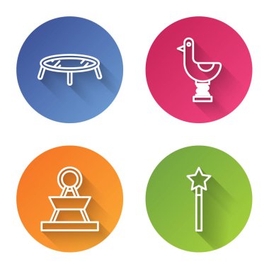 Çizgi trambolin atlama, çocuk ördek sürme, atlıkarınca çekme ve sihirli değnek. Renkli daire düğmesi. Vektör