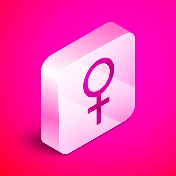 Icono del símbolo de género femenino isométrico aislado sobre fondo rosa. Símbolo Venus. El símbolo de un organismo femenino o una mujer. Botón cuadrado plateado. Ilustración vectorial — Vector de stock