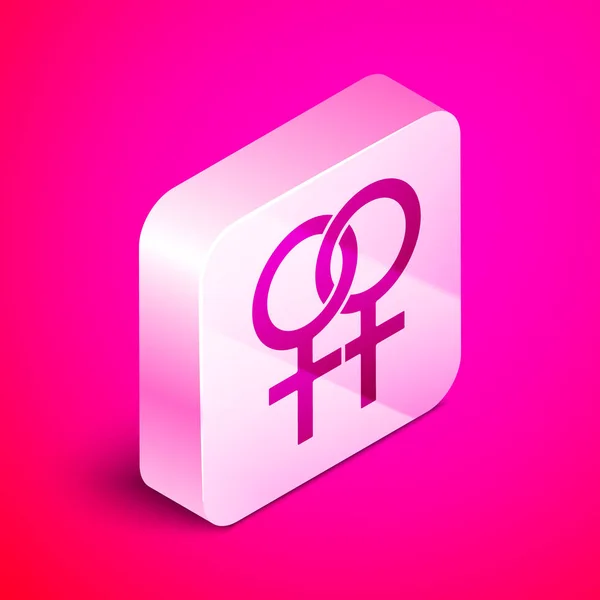 등각칭 여성 성별 기호 아이콘 분홍색 배경에 격리. 금성 기호입니다. 여성 유기체 또는 여성의 상징. 실버 스퀘어 버튼. 벡터 일러스트레이션 — 스톡 벡터