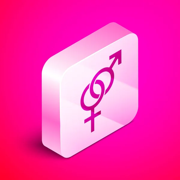 Isometrisches Geschlechtssymbol isoliert auf rosa Hintergrund. Symbole von Männern und Frauen. Sexsymbol. Silberner quadratischer Knopf. Vektorillustration — Stockvektor