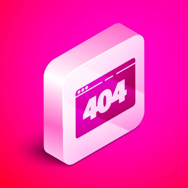 Pagina isometrica con un'icona di errore 404 isolata su sfondo rosa. Template riporta che la pagina non è stata trovata. Pulsante quadrato argento. Illustrazione vettoriale — Vettoriale Stock
