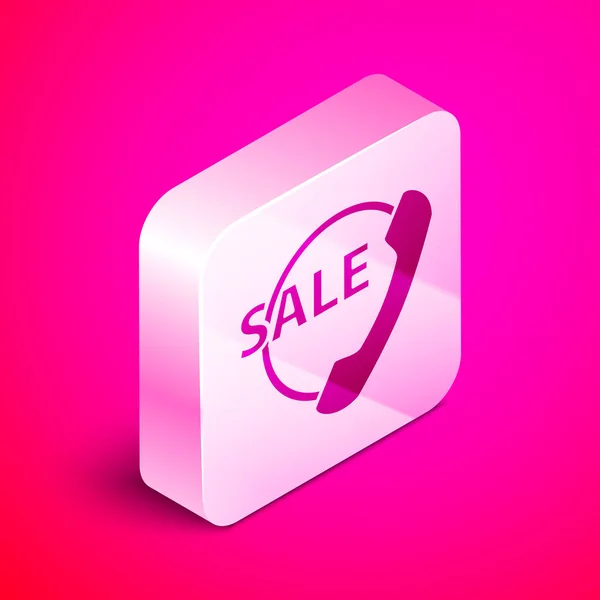 Isometric Telephone 24 hours support icon isolated on pink background. All-day customer support call-center. Full time call services. Silver square button. Vector Illustration — 스톡 벡터