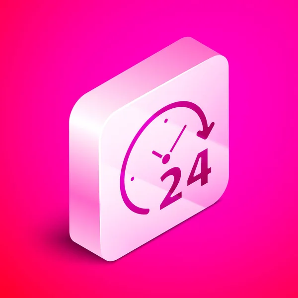 Isometric Clock 24 hours icon isolated on pink background. All day cyclic icon. 24 hours service symbol. Silver square button. Vector Illustration — Stock Vector