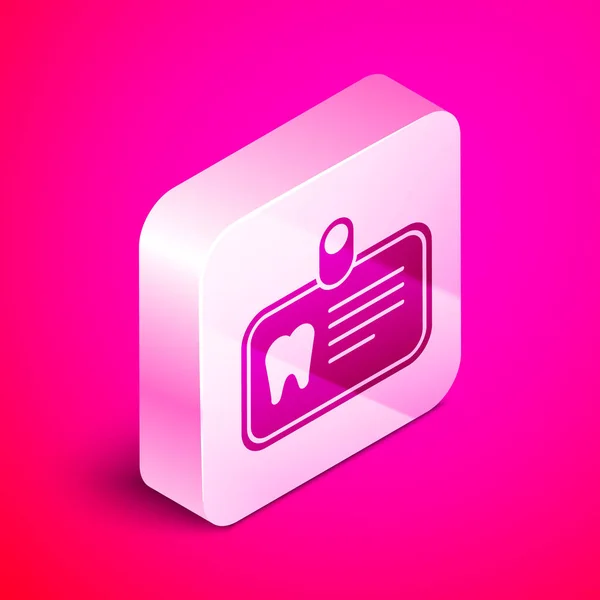Cartão de identificação isométrica com ícone de dente isolado em fundo rosa. Botão quadrado de prata. Ilustração vetorial —  Vetores de Stock