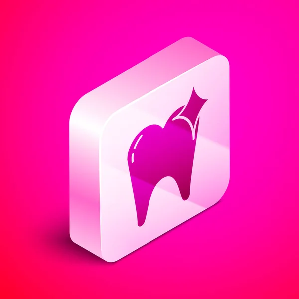 Ícone de conceito de clareamento dental isométrico isolado em fundo rosa. Símbolo de dente para clínica odontológica ou centro médico dentista. Botão quadrado de prata. Ilustração vetorial —  Vetores de Stock