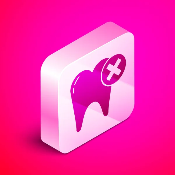 Isometric Tooth with caries icon isolated on pink background. Tooth decay. Silver square button. Vector Illustration — Stock Vector