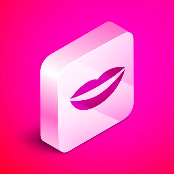 Isometrica icona labbra sorridenti isolato su sfondo rosa. Simbolo del sorriso. Pulsante quadrato argento. Illustrazione vettoriale — Vettoriale Stock