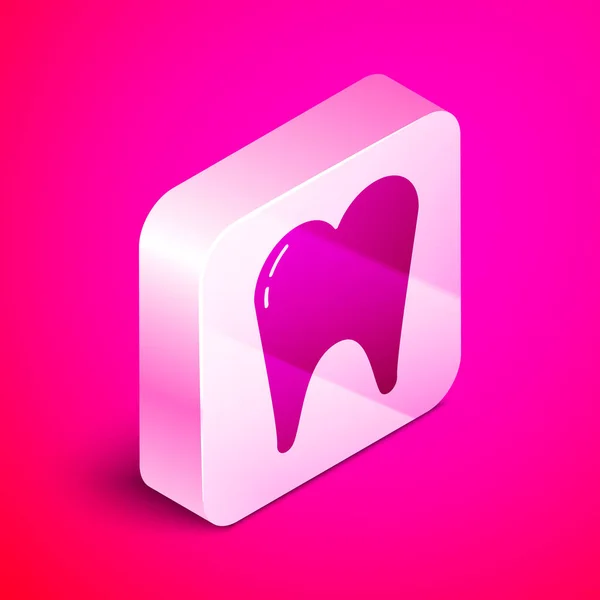 Icona isometrica del dente isolata su sfondo rosa. Simbolo del dente per odontoiatria clinica o dentista centro medico e dentifricio pacchetto. Pulsante quadrato argento. Illustrazione vettoriale — Vettoriale Stock