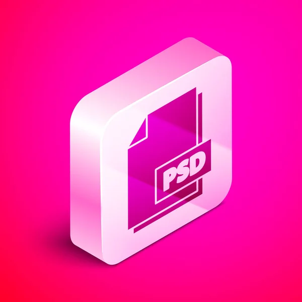 Documento de archivo PSD isométrico. Descargar icono del botón psd aislado sobre fondo rosa. Símbolo del archivo PSD. Botón cuadrado plateado. Ilustración vectorial — Vector de stock