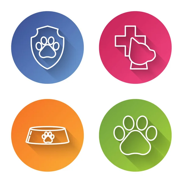 Set Line Tierkrankenversicherung, Tierarztpraxis-Symbol, Tierfutterschale für Katze oder Hund und Pfotenabdruck. Farbkreis-Taste. Vektor — Stockvektor