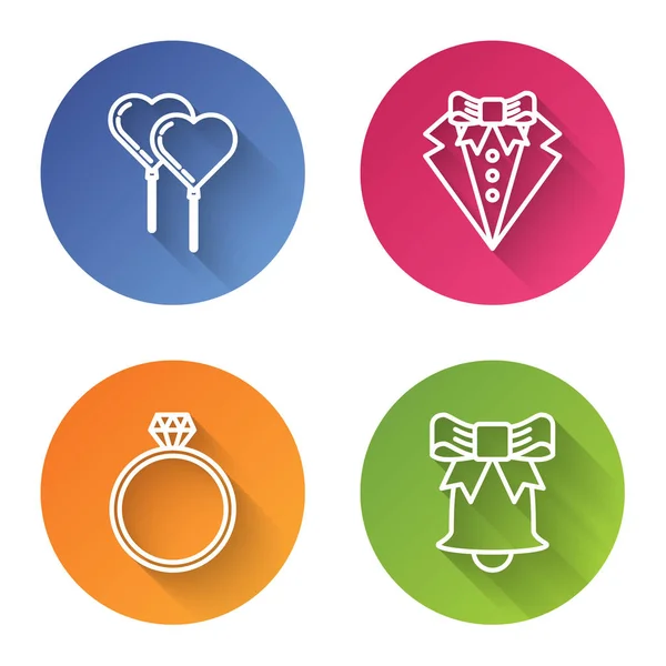 Set line Globos en forma de corazón con cinta, traje, anillo de compromiso de diamante y timbre. Botón círculo de color. Vector — Vector de stock