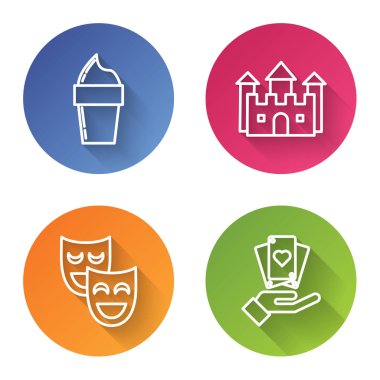 Dondurmayı waffle külahına, Castle 'a, komedi teatral maskelere ve el ele oyun kartlarına koy. Renkli daire düğmesi. Vektör