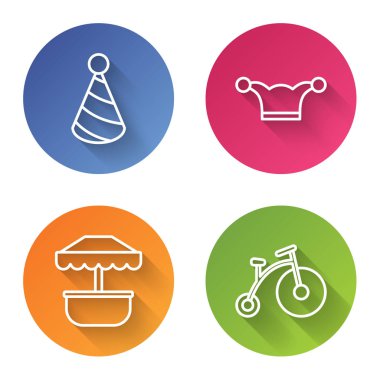 Parti şapkası, zilli Jester şapkası, atlıkarınca ve bir büyük tekerlekli klasik bisiklet ve bir küçük. Renkli daire düğmesi. Vektör