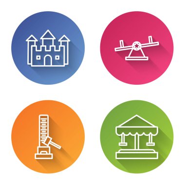 Set hattı Castle, Seesaw, büyük çekiç ve Cazibe Atlıkarıncalı yüksek vurucu cazibesi. Renkli daire düğmesi. Vektör