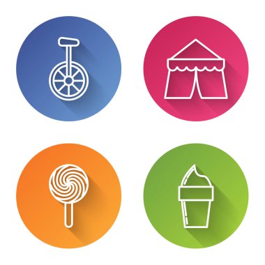 Tek tekerlekli bisiklet, sirk çadırı, lolipop ve dondurmayı waffle külahında ayarla. Renkli daire düğmesi. Vektör