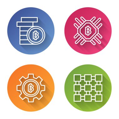 Kripto para Bitcoin, Cpu madencilik çiftliği, Kripto para Bitcoin ve Blockchain teknolojisi. Renkli daire düğmesi. Vektör