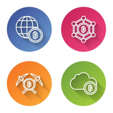 Küre ve kripto para birimi Bitcoin, Blockchain teknolojisi Bitcoin, çapraz kazma ve Cryptocurrency bulut madenciliği. Renkli daire düğmesi. Vektör