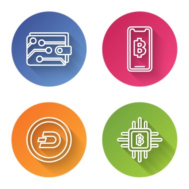 Kripto para birimi cüzdanı, telefon cep telefonu ve kripto para birimi Bitcoin, Kripto para birimi Dash ve Cpu madencilik çiftliğini ayarla. Renkli daire düğmesi. Vektör