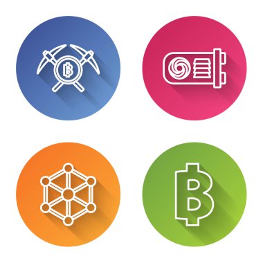 Hattı kesen kazma, madencilik çiftliği, blok zinciri teknolojisi ve Kripto para birimi Bitcoin. Renkli daire düğmesi. Vektör