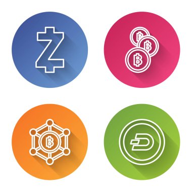 Kripto para birimi Zcash Zec, Kripto para Bitcoin, Blockchain teknolojisi Bitcoin ve Kripto para Dash 'i ayarla. Renkli daire düğmesi. Vektör