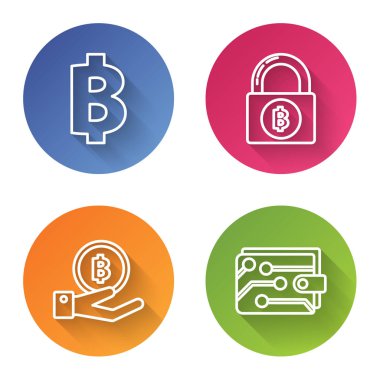 Kripto para Bitcoin, Bitcoin Lock, Bitcoin Hand holding Bitcoin ve Cryptocoin cüzdan. Renkli daire düğmesi. Vektör