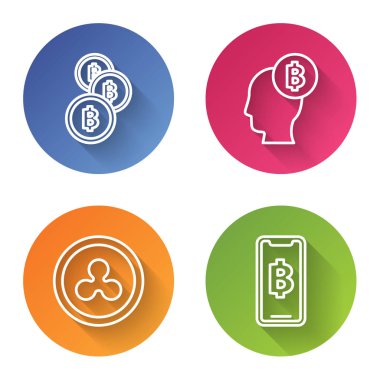 Kripto para Bitcoin, Bitcoin düşünüyorum, Kripto para dalgalanması Xrp ve telefon mobil ve şifreli para Bitcoin. Renkli daire düğmesi. Vektör