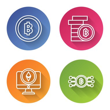 Kripto para Bitcoin, Kripto para Bitcoin, Monitor ve Cryptocurrency bozuk para Ethereum Eth ve Cryptocurrency bitcoin 'i mikroçip devresi ile daire içine al. Renkli daire düğmesi. Vektör