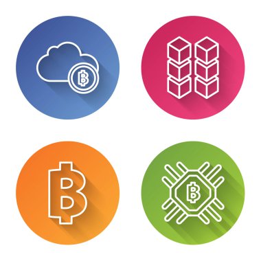 Kripto para birimi bulut madenciliği, blok zinciri teknolojisi, kripto para Bitcoin ve Cpu madencilik çiftliği. Renkli daire düğmesi. Vektör