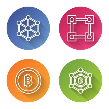 Hat engelleme teknolojisi, engelleme zinciri teknolojisi, kripto para Bitcoin ve Blockchain teknolojisi Bitcoin. Renkli daire düğmesi. Vektör