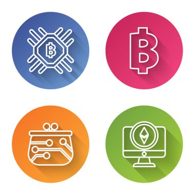 Cpu madencilik çiftliği, Kripto para birimi Bitcoin, Kripto para cüzdanı ve Monitör ve Kripto para birimi Ethereum Eth. Renkli daire düğmesi. Vektör