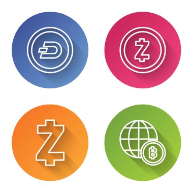 Şifreleme madeni para Dash, Kripto para Zcash Zec, Kripto para Zcash Zec ve Globe ve şifreli para Bitcoin 'i ayarla. Renkli daire düğmesi. Vektör