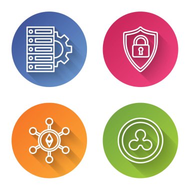 Hat sunucusu ve teçhizatı ayarla, Kalkan güvenliği kilitle, Ethereum Eth ve Kripto para birimi Ripple Xrp. Renkli daire düğmesi. Vektör