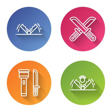 Tuzak avcılığı, çapraz avcı bıçağı, el feneri, bıçak ve tuzak avı. Renkli daire düğmesi. Vektör